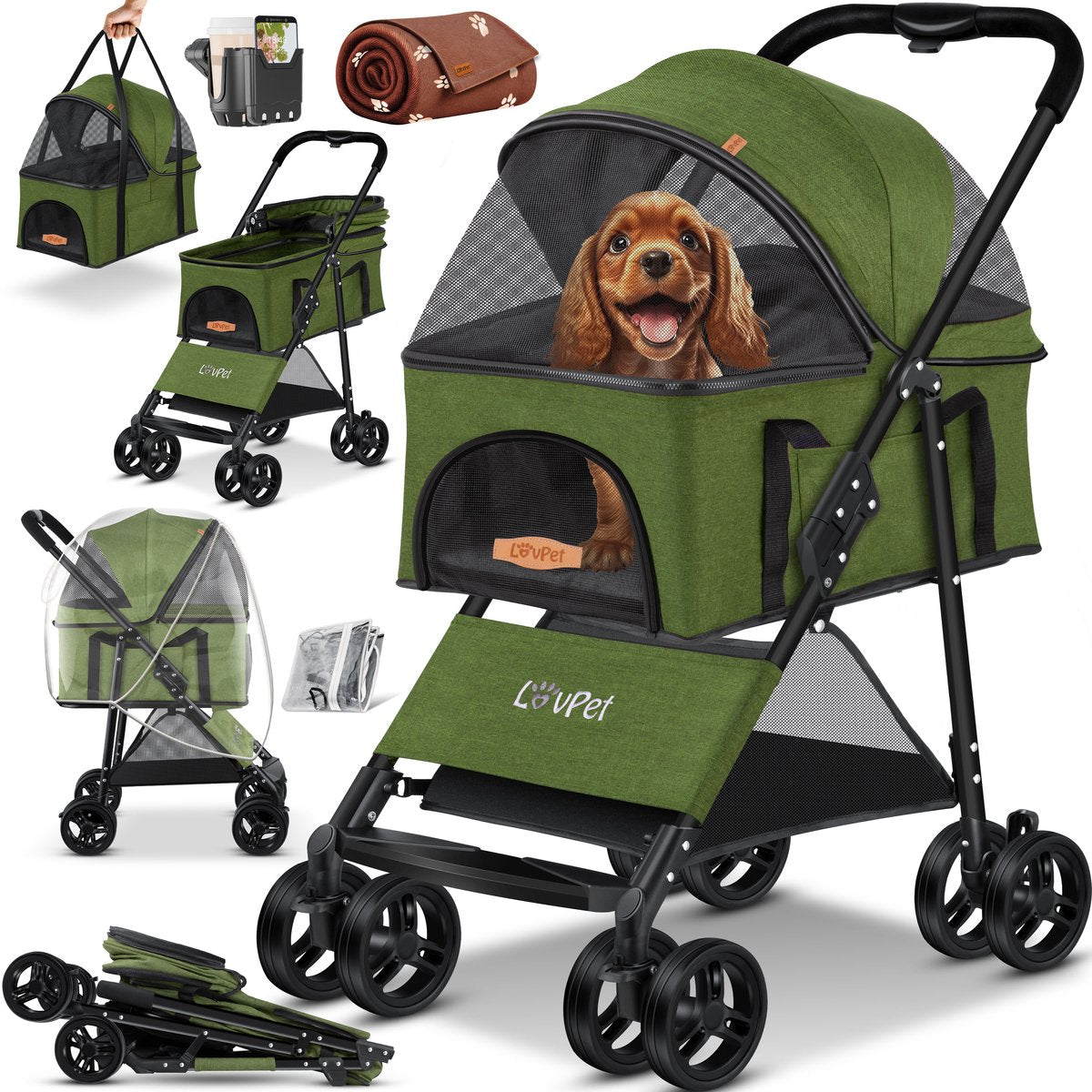 LOVPET® Hondenbuggy 2in1 Huisdieren Wandelwagen Buggy met Transporttas Opvouwbaar tot 20 kg Hondenwandelwagen met Gaasramen & Regenhoes Jogger Kattenbuggy voor Kleine Honden Katten Hondenbox - Khaki