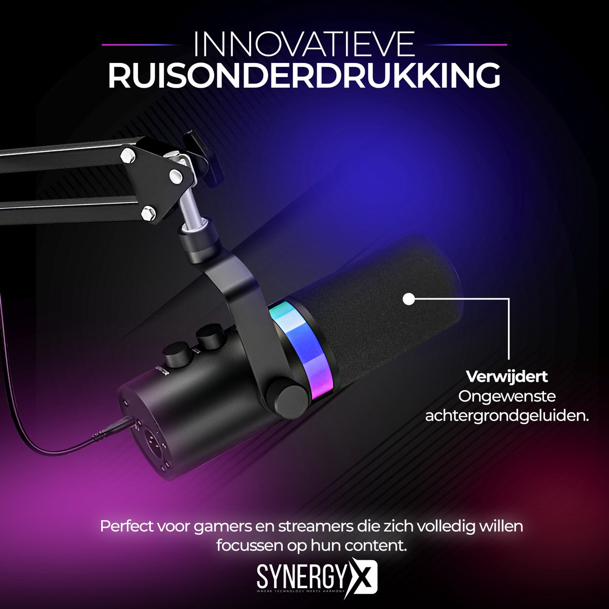 SynergyX SonicFlex Pro ll Microfoon - USB Gaming Microfoon Met Arm XC7 - PC-Gaming - Geschikt voor PC/PS4/PS5 - RGB - Podcast - Gaming - Streaming - Zwart
