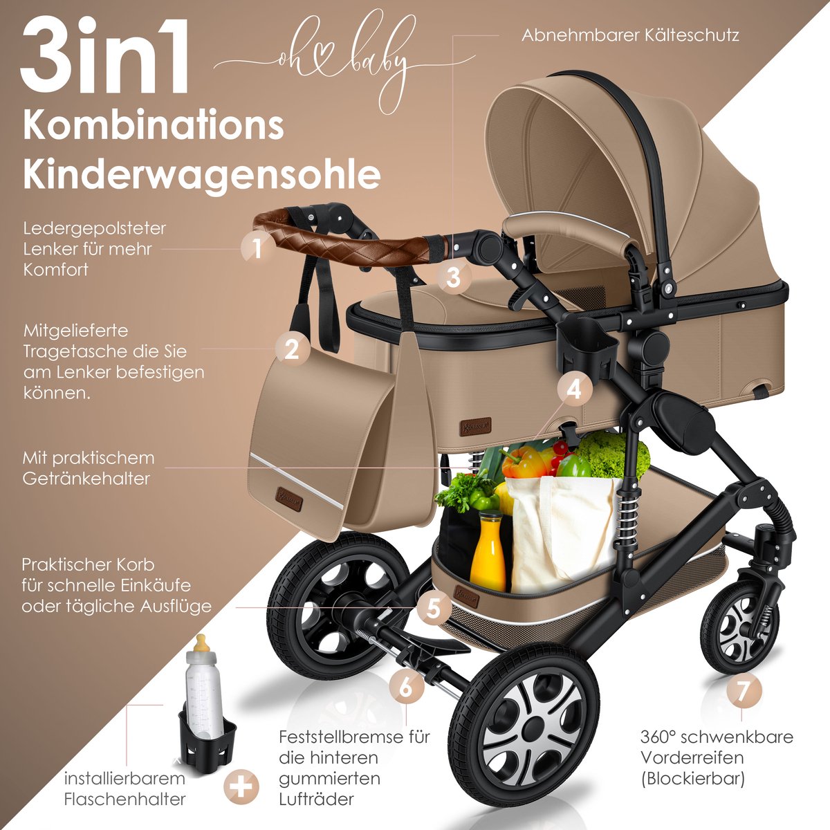 Kinderwagen 3 in 1 - Buggy - Wandelwagen - Kinderbuggy - Beige - KESSER®