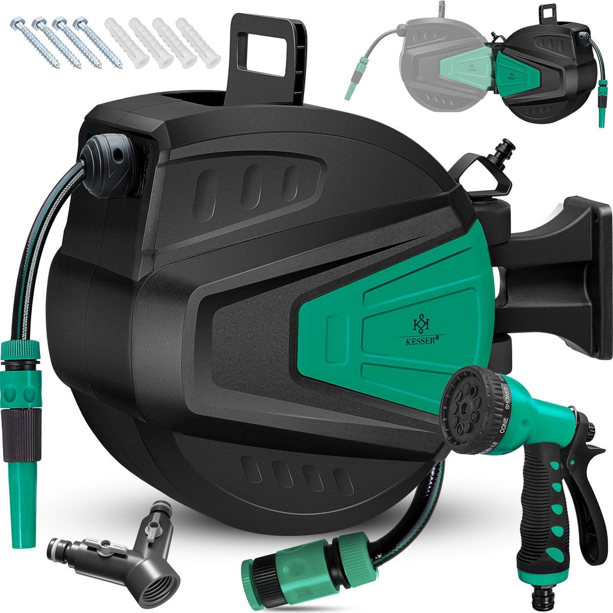 KESSER® Tuinslanghaspel Automatische Wandslangenbox inclusief 30 meter Tuinslang en Muurbevestiging - Blauw