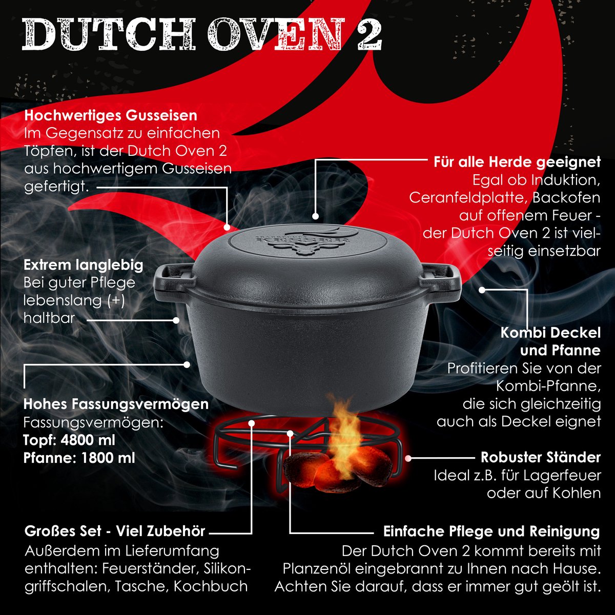 KESSER® Dutch Oven Gietijzeren Pan 1,8L en Pot 4,8L - Zwart
