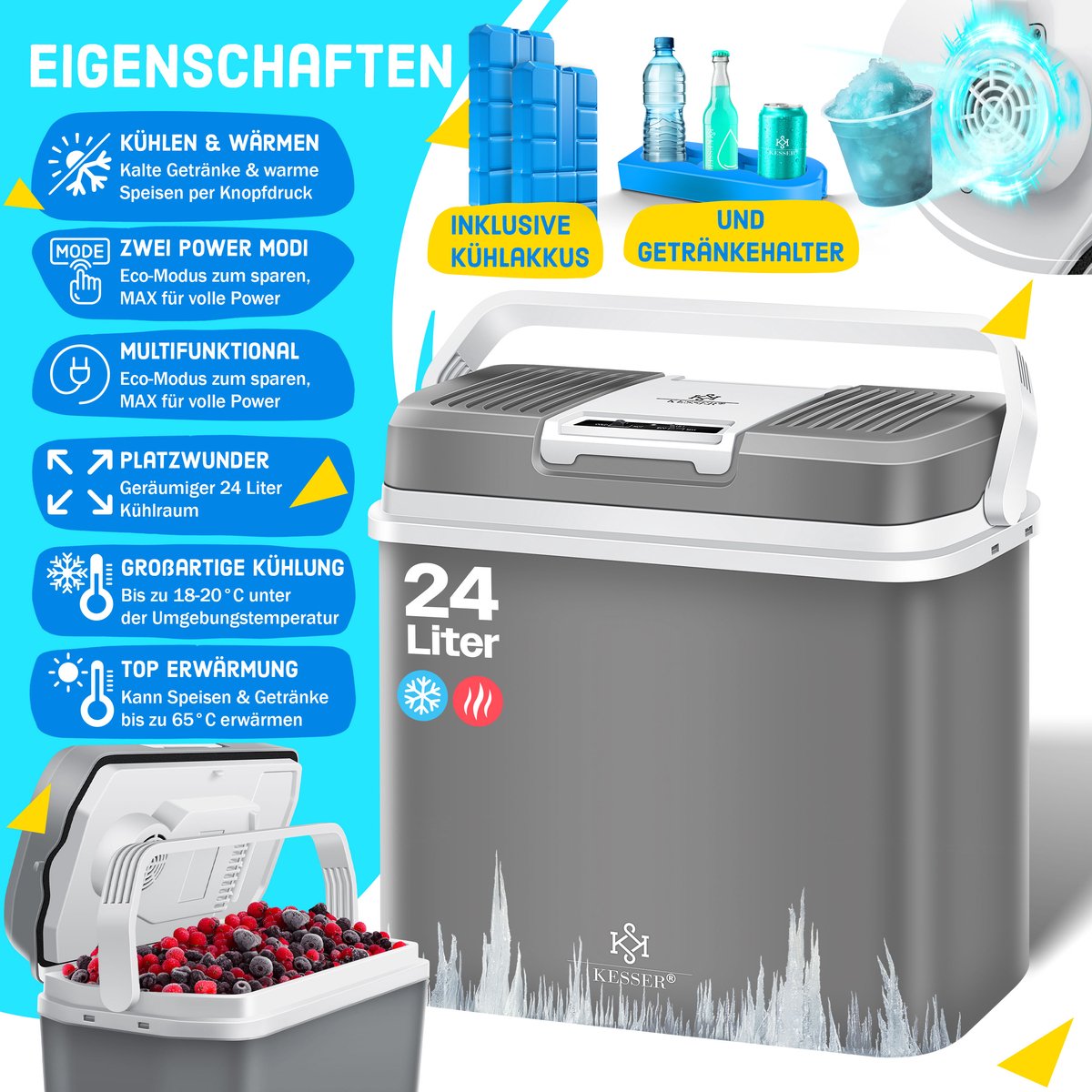 Koelbox Elektrisch – 12V en 230 volt - Coolbox - Frigobox - 24L – Grijs •