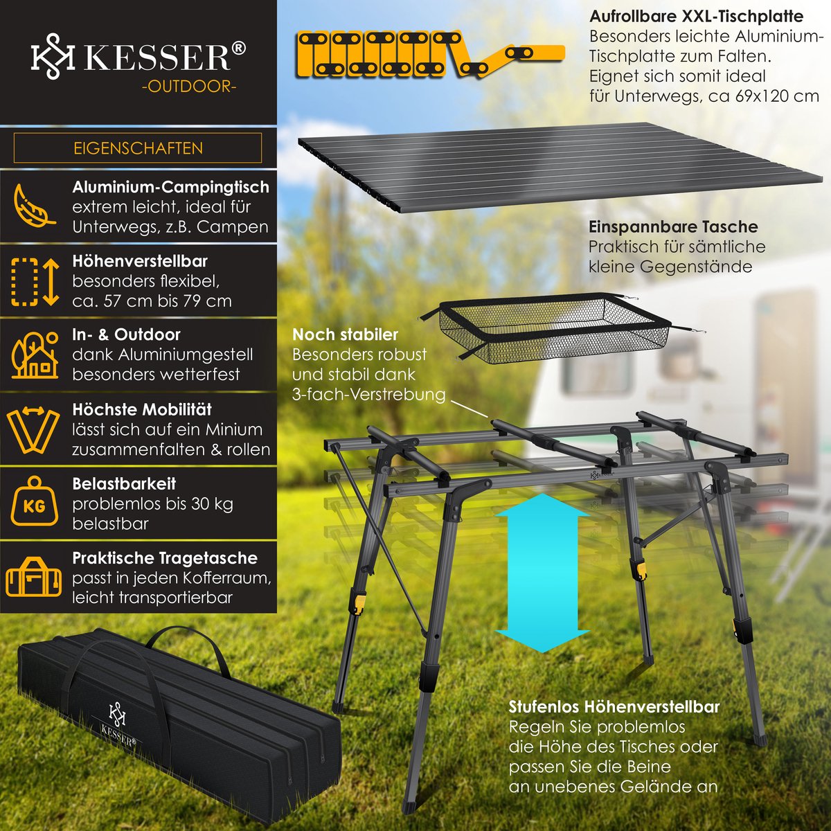 KESSER® Campingtafel Opvouwbaar - Verstelbaar - 120x70 cm - Antraciet