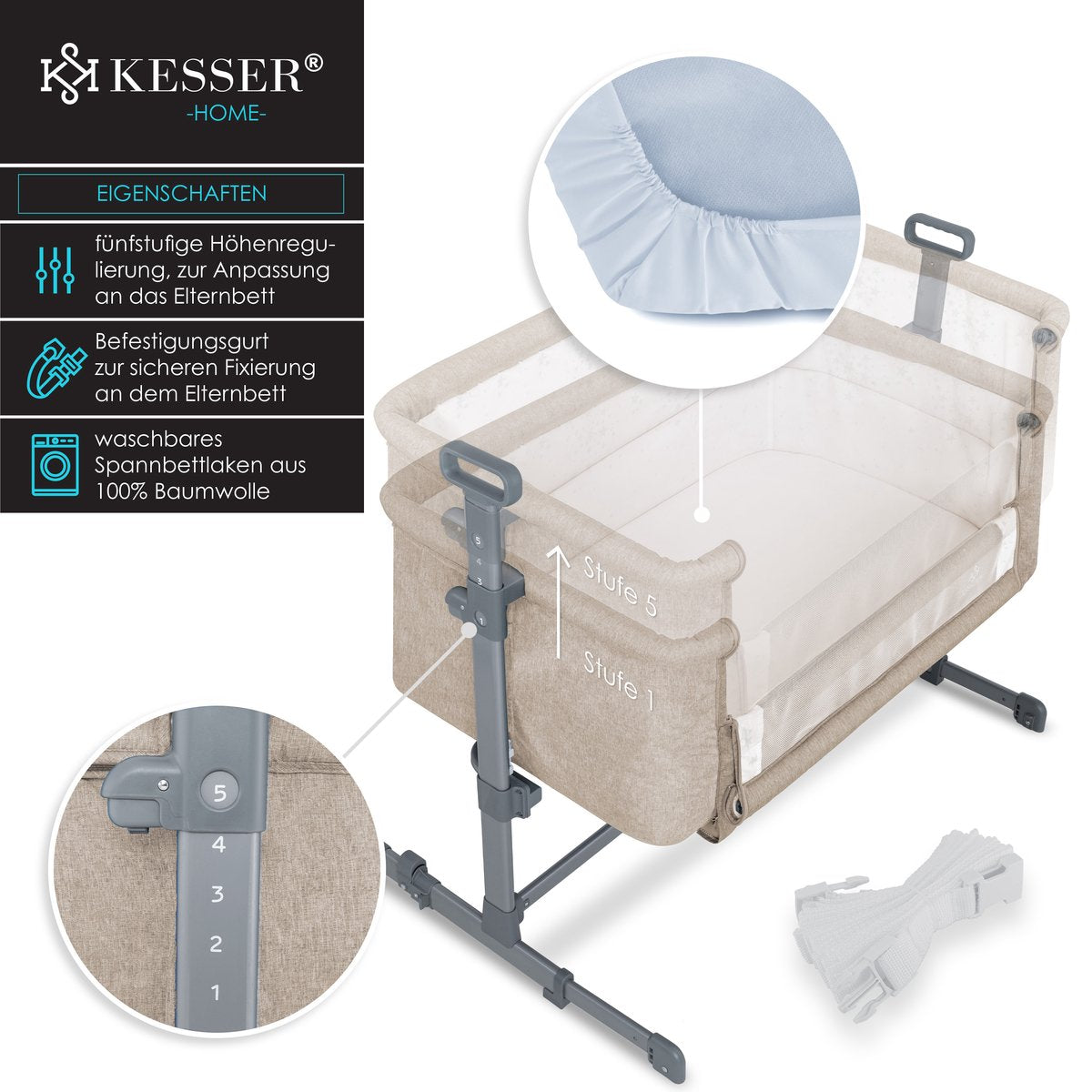 KESSER® 3in1 Ledikant - Babybed - Verstelbaar - Inklapbaar - Beige