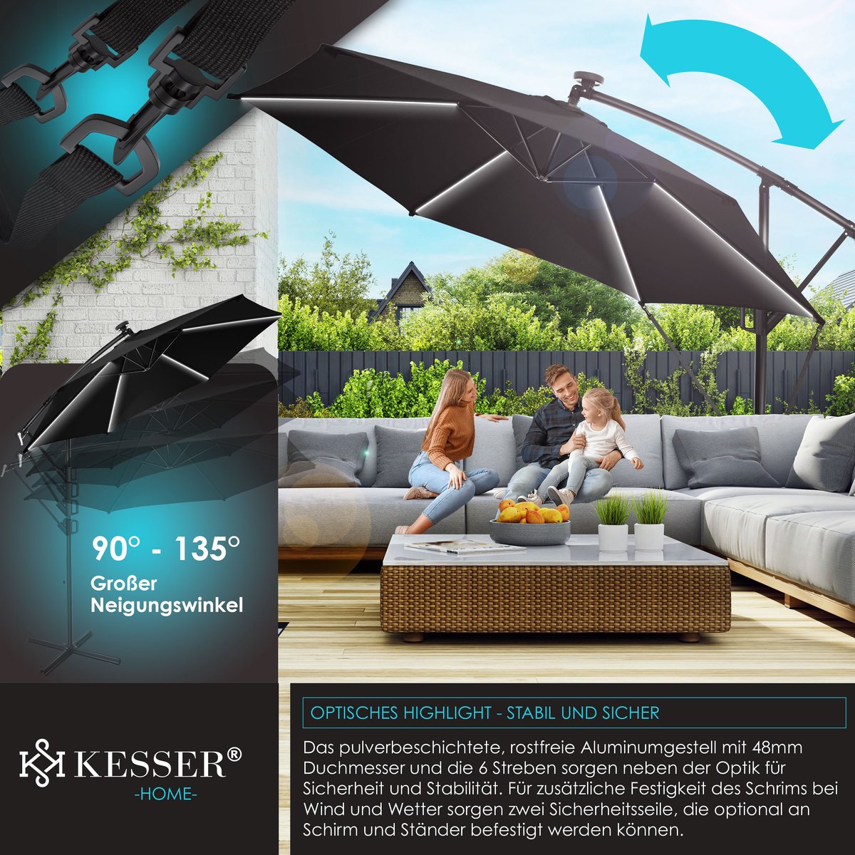 KESSER® Zweefparasol met LED Solar Verlichting en voet 350cm x 350cm - Parasol 360° Draaibaar Incl. Beschermhoes Tuinparasol