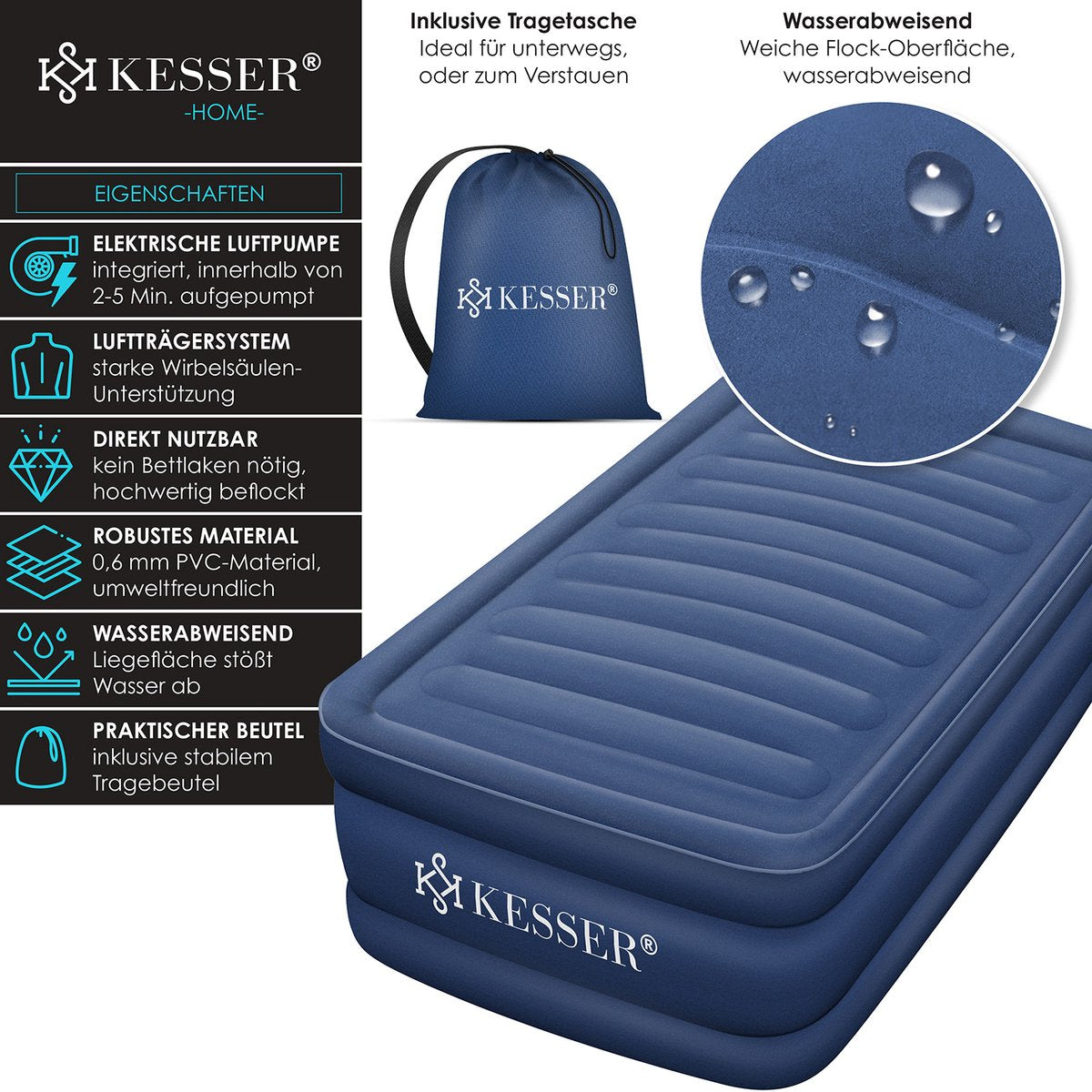 KESSER® Luchtbed - Opblaasbaar Matras - Elektrische Pomp - Blauw •