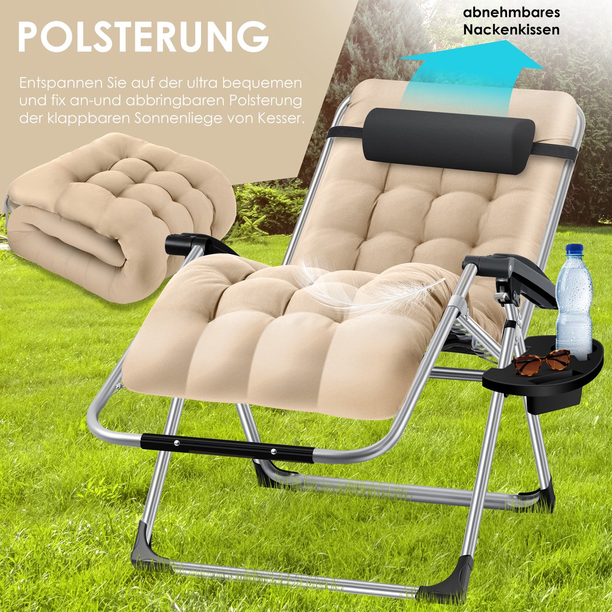 KESSER® Ligstoel Opvouwbaar Met Drinkhouder Tuinstoel Met Kussen, Ligbed, Extra Grote Tuinligstoel, Verstelbare Rugleuning Tuinligstoel Met Kussensteun - Beige