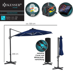 KESSER® SUN Zweefparasol XL Ø330 cm met LED Solar Verlichting - Parasol Inclusief Beschermhoes 360° Draaibaar UV50+ Tuinparasol Zonne-energie - Marineblauw