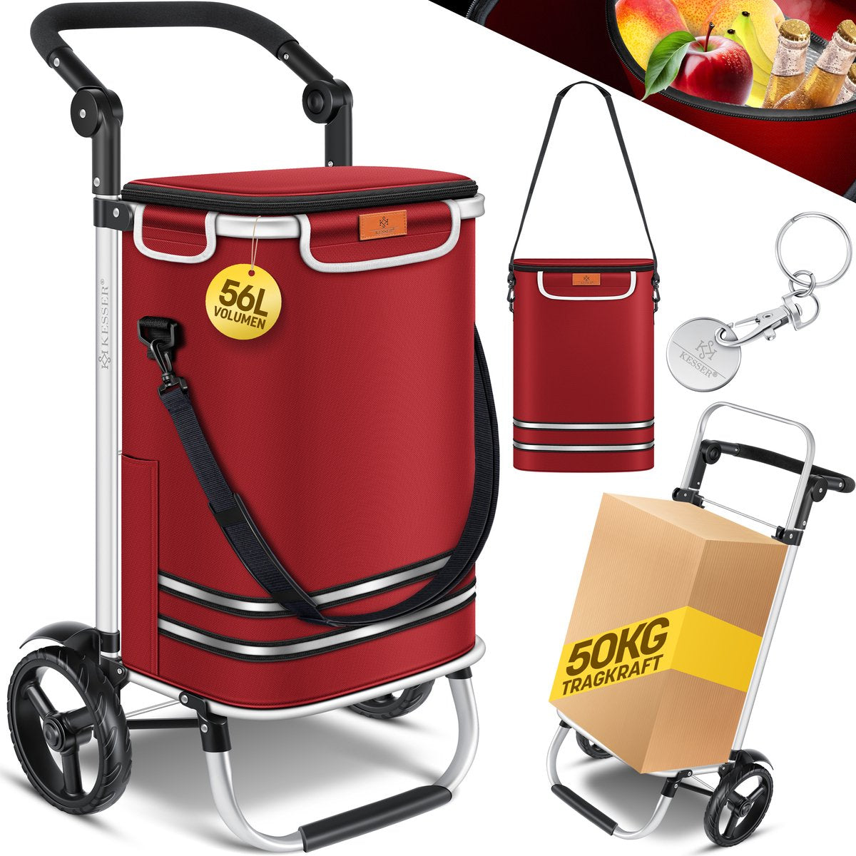 KESSER® Boodschappentrolley - Boodschappenwagen - 56L - tot 50kg  - Rood