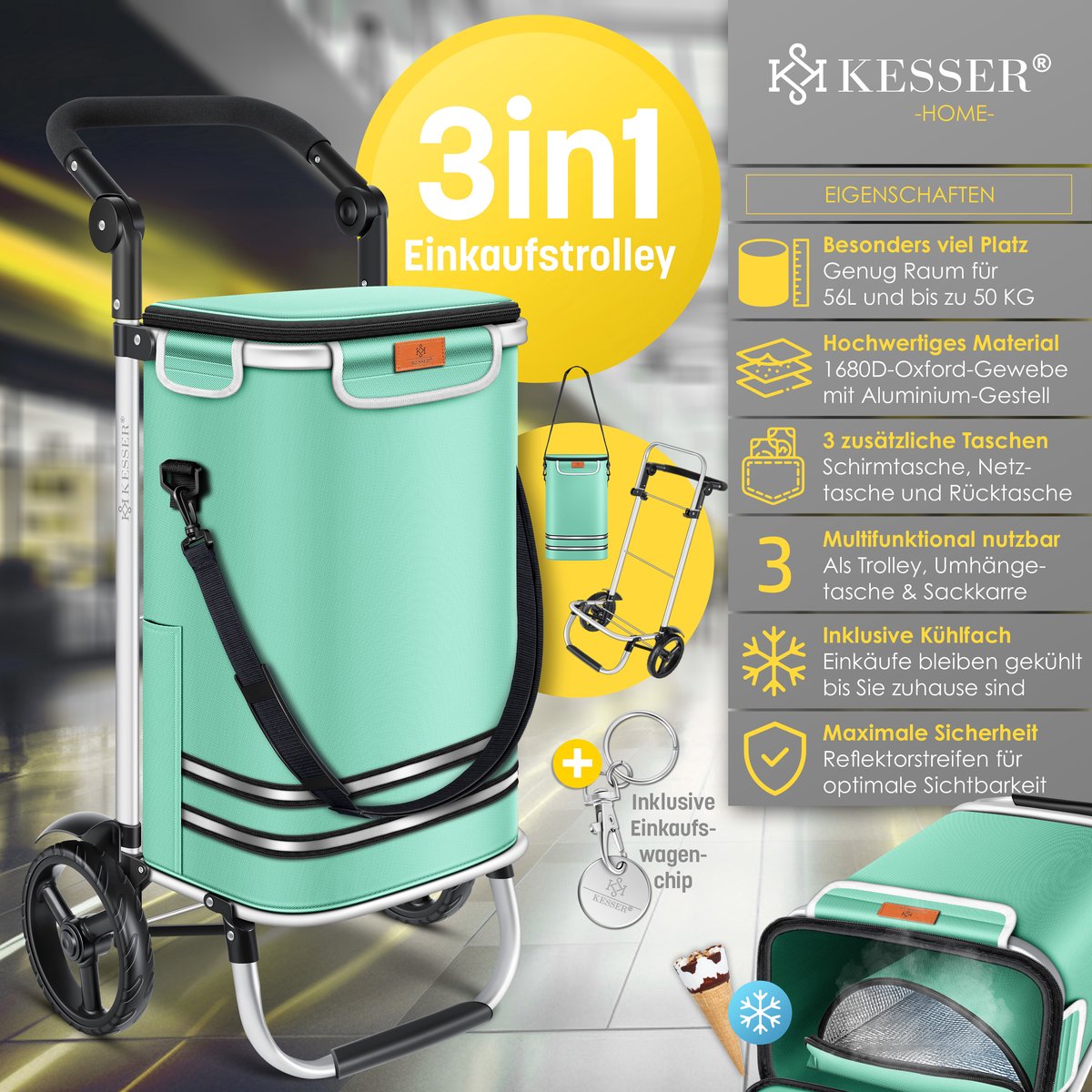KESSER® Boodschappentrolley met koelvak - Boodschappenwagen 56 liter - Steekwagen functie draagkracht tot 50 kg Opvouwbare Boodschappenkar - Mintgroen