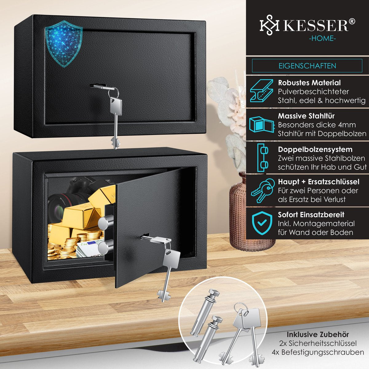 KESSER® Kluis met sleutelslot - 30x20x20cm - Zwart •