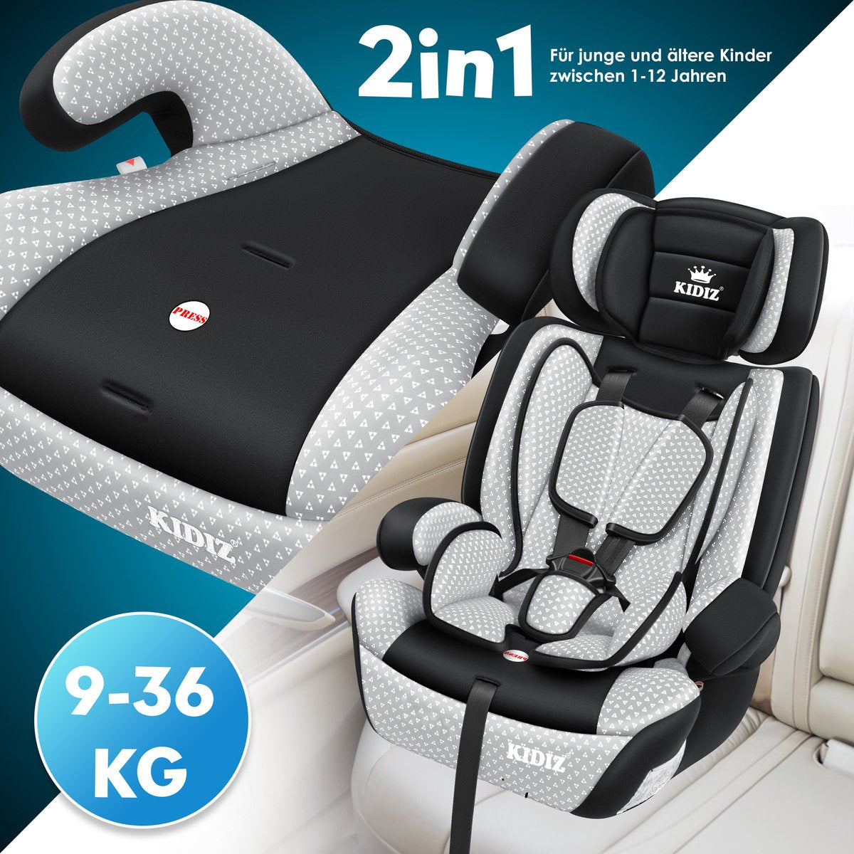 KIDIZ® Autostoeltje - 5-punts veiligheidsgordel - Grijs