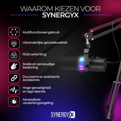 SynergyX SonicFlex Pro ll Microfoon - USB Gaming Microfoon Met Arm XC7 - PC-Gaming - Geschikt voor PC/PS4/PS5 - RGB - Podcast - Gaming - Streaming - Zwart