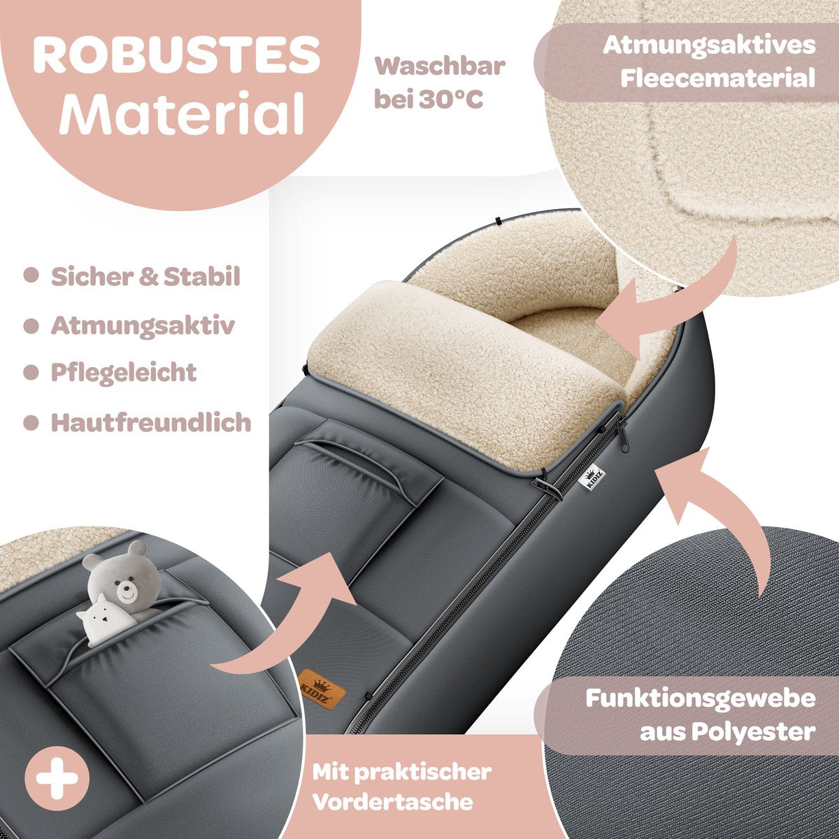 KIDIZ® Voetenzak voor Autostoeltje en Buggy met Ritssluiting - Baby Slaapzak Deken voor Maxi-Cosi & Wandelwagen / Kinderwagen - Antraciet •