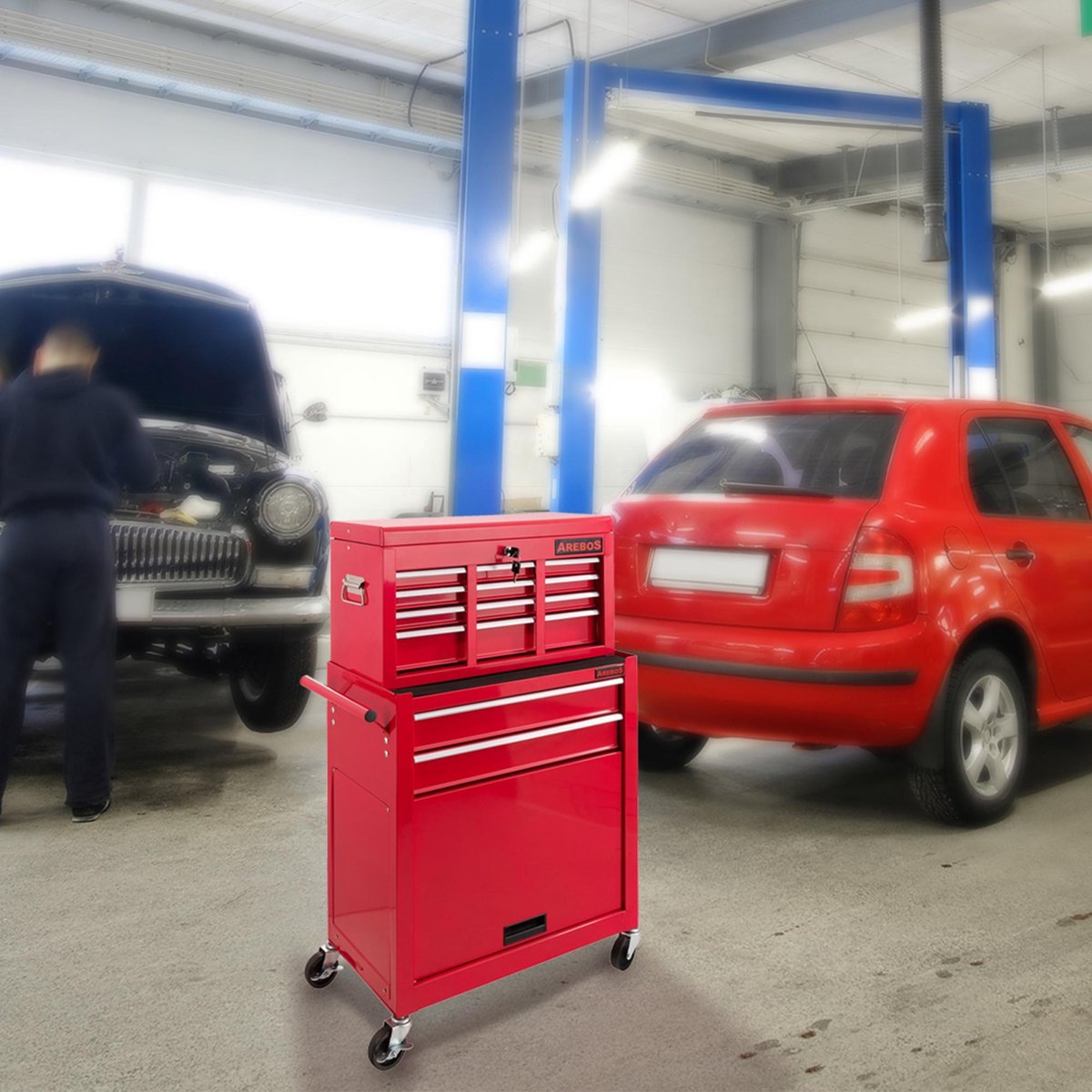 AREBOS Gereedschapswagen Gereedschapskar 9 Laden Rood Gereedschapskisten