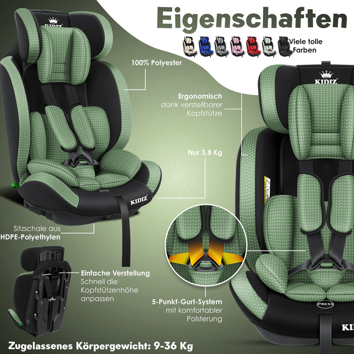 KIDIZ® Autostoeltje - 5-punts veiligheidsgordel - Groen