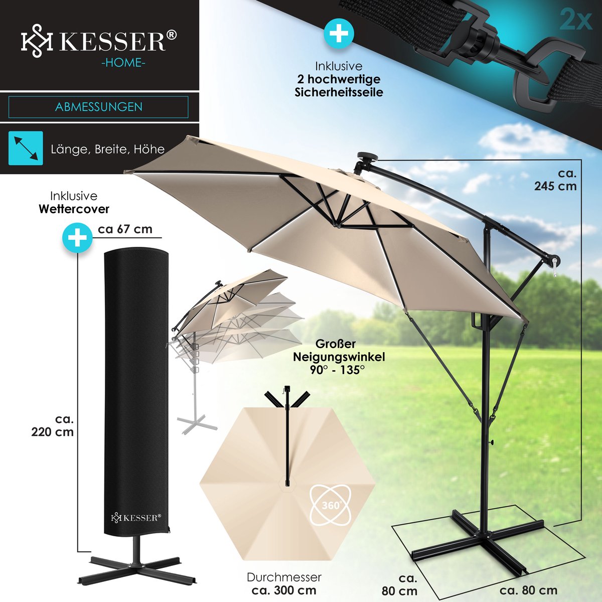 KESSER® Zweefparasol met voet - LED - Ø3m - 360° Draaibaar  - Beige •