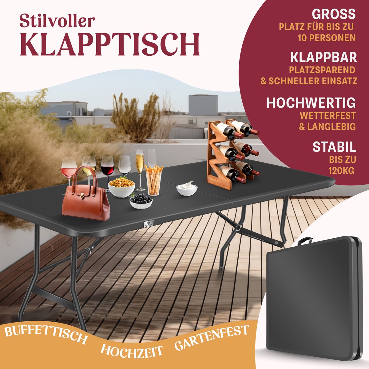 KESSER® Inklapbare Tafel - Campingtafel - Klaptafel - 183x76cm - Antraciet