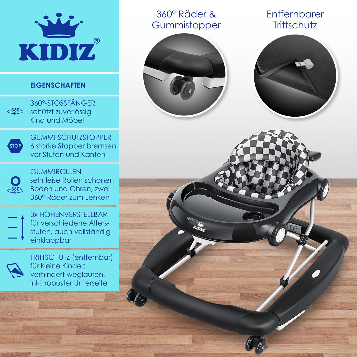 KIDIZ® 4in1 Baby walker - Loopstoel - Loopwagen - Opvouwbaar - Zwart