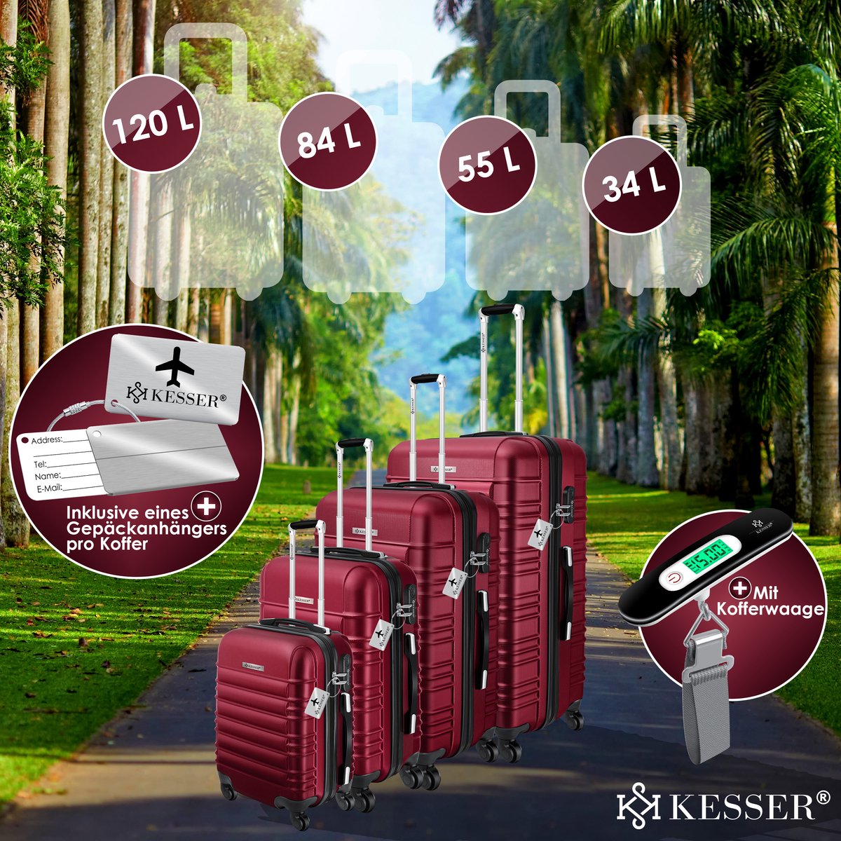 KESSER® 4x Koffer, reiskofferset, trolley koffer, incl. bagageweegschaal + bagagelabel rollend kofferslot, 4 wielen ABS, harde schaal telescoopgreep S-M-L-XL - Bordeaux
