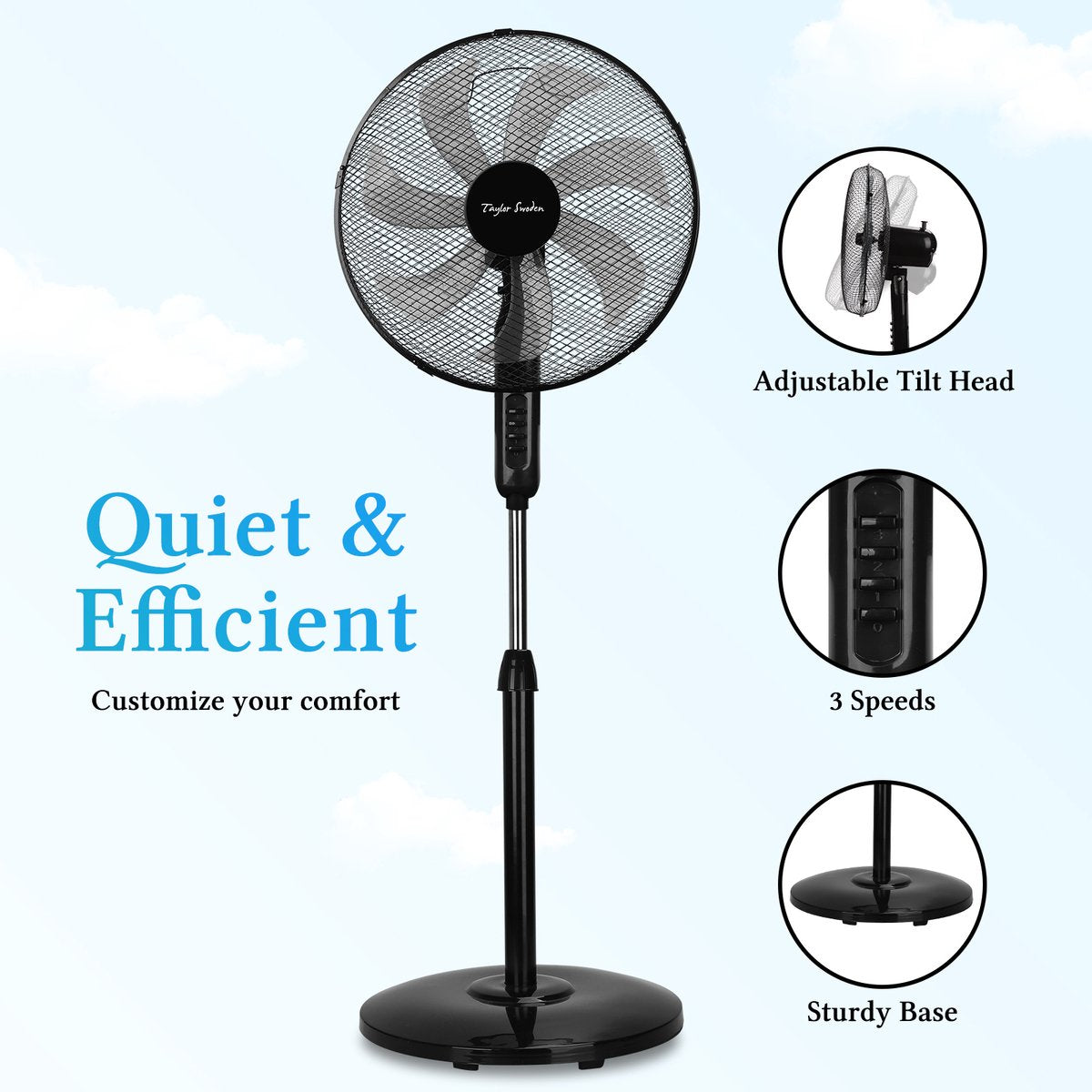 Taylow Swoden Statiefventilator - Ventilator Staand - Verstelbaar - 50W - Zwart