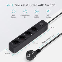 Stekkerdoos - Verlengsnoer - Verlengkabel - 5M - Zwart - Aigostar