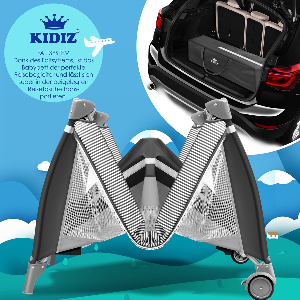 KIDIZ® 3in1 Babybedje - Campingbedje - Ledikant  - Grijs