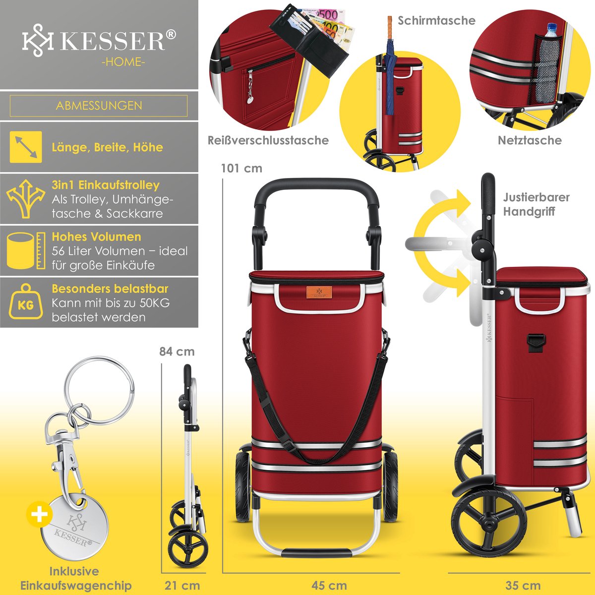 KESSER® Boodschappentrolley - Boodschappenwagen - 56L - tot 50kg  - Rood