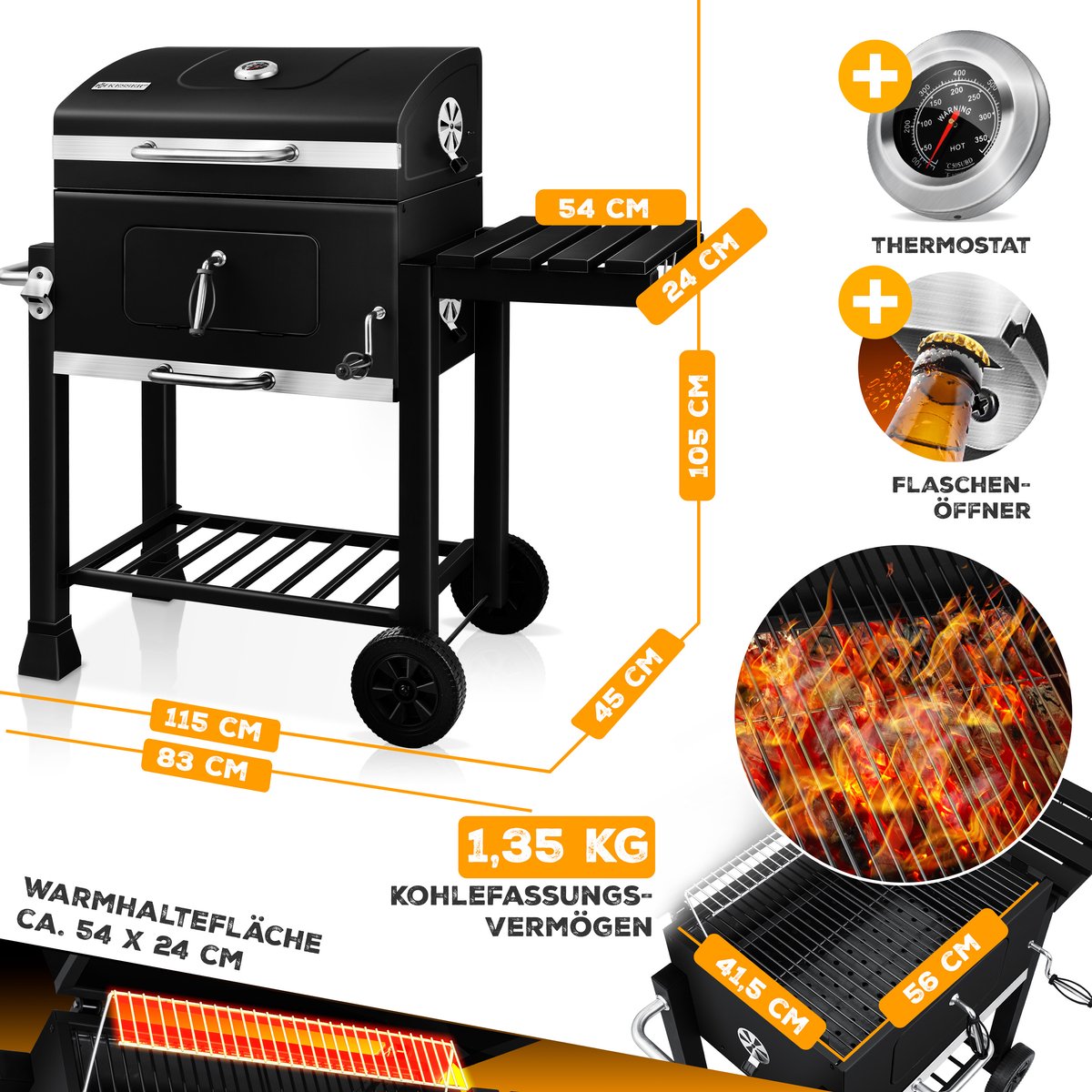 KESSER® XL Houtskoolbarbecue - BBQ - RVS Handvat - Zwart