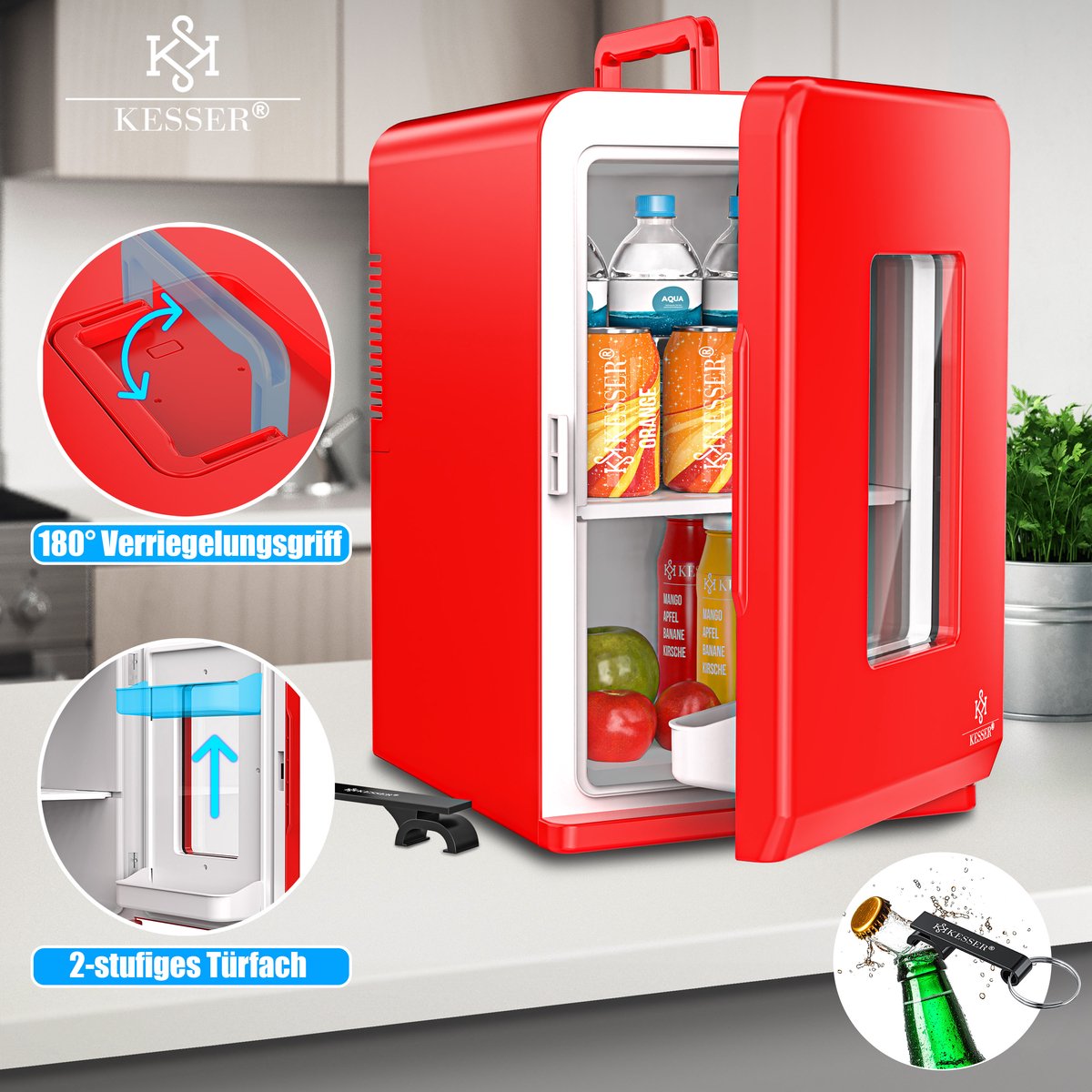 KESSER® Tafelmodel Koelkast 15 Liter AC DC 220-240V en 12V - Mini Koelkast Vrijstaand met Verwarmingsfunctie - Koelbox ideaal voor Auto en camperen - Rood
