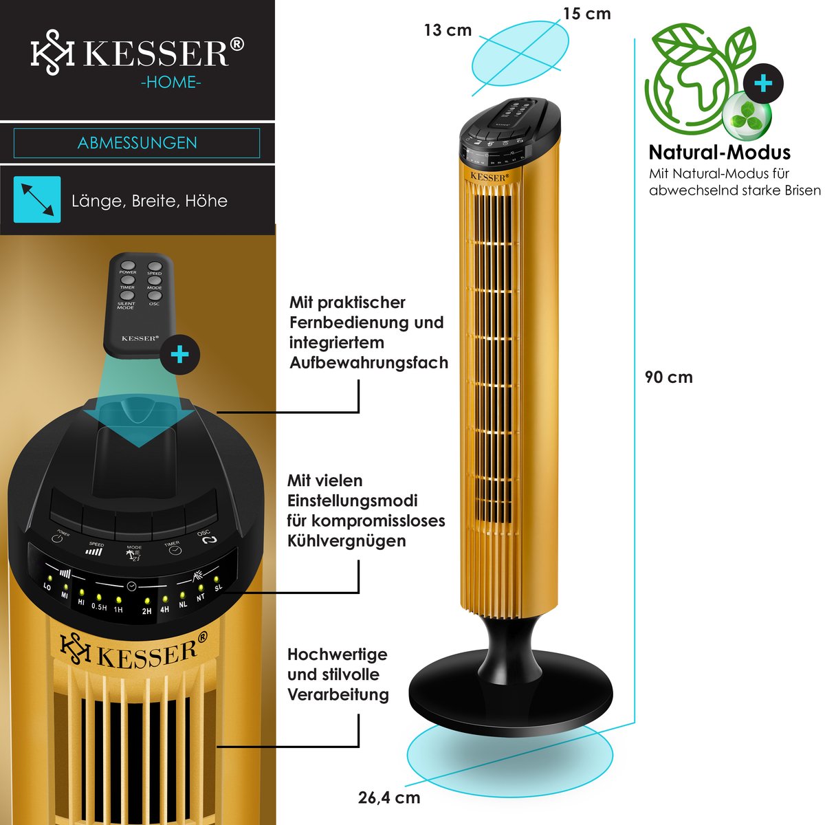 KESSER® Torenventilator - Fluisterstil - Oscillatie - Goud •