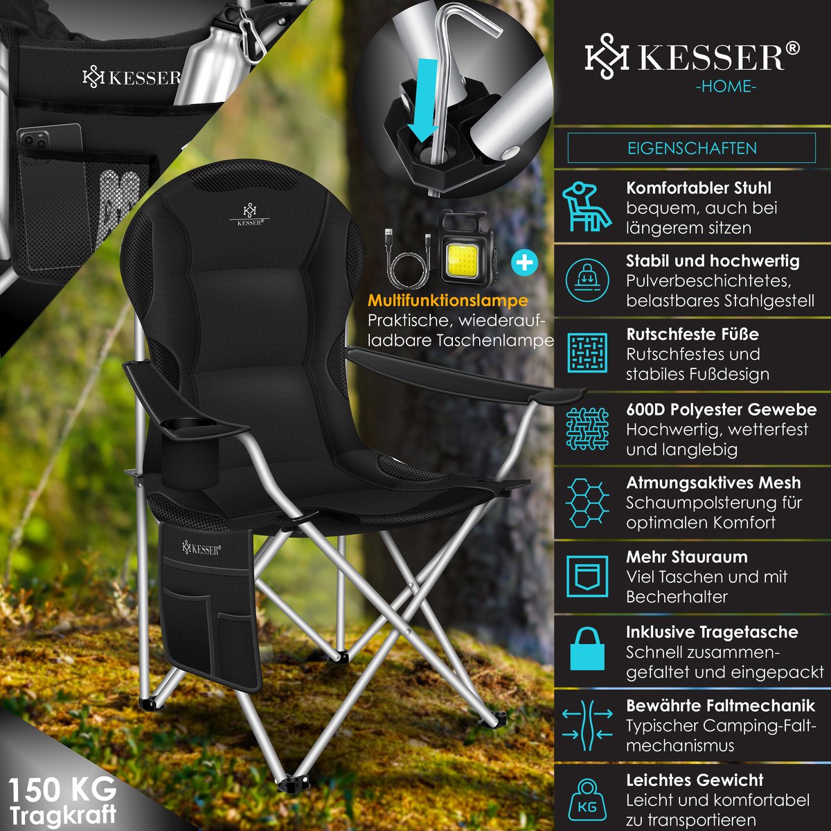 KESSER® Campingstoel - Visstoel - Vouwstoel - Zwart