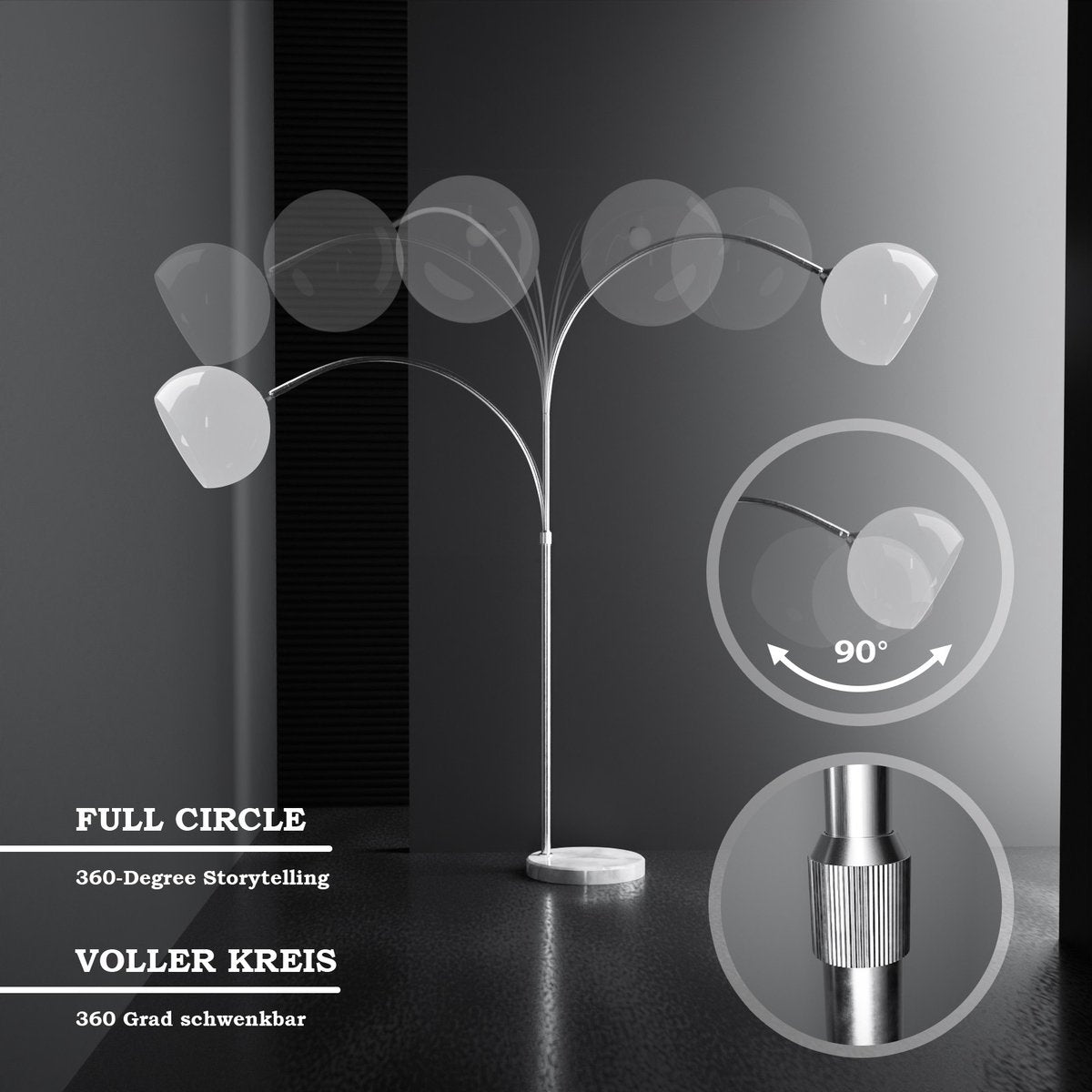 Jago - Booglamp - Hoogte Verstelbaar - LED E27 - Max 60W - Roestvrij staal - Vloerlamp - Hoogte 130-180 cm - Wit (Copy)