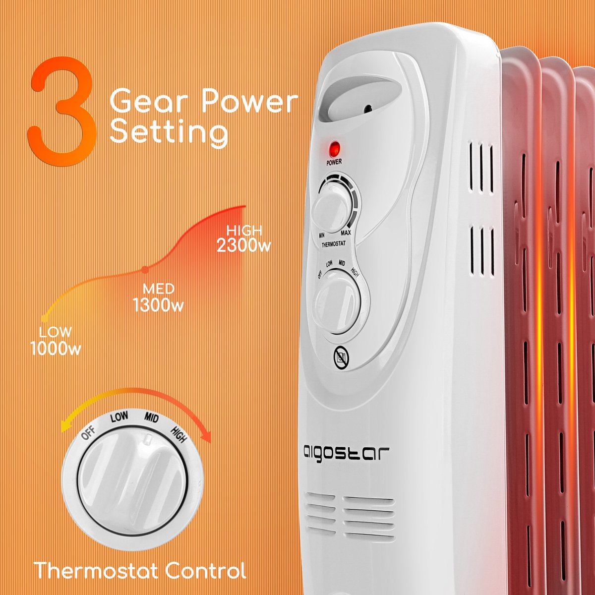 Olieradiator - 2300W Heater - Elektrische kachel - met Thermostaat - Wit - Aigostar