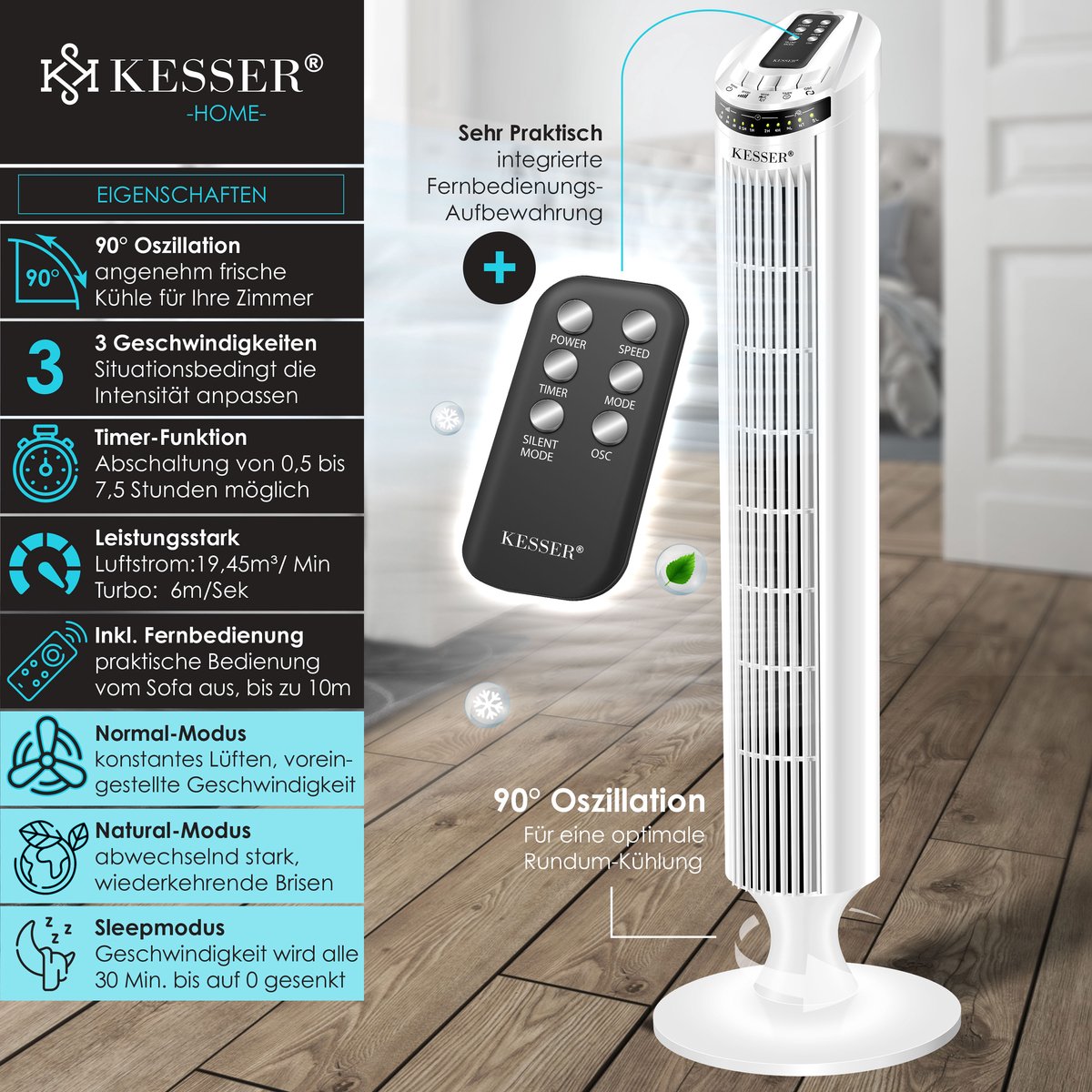 KESSER® Torenventilator - Fluisterstil - Oscillatie - Wit •
