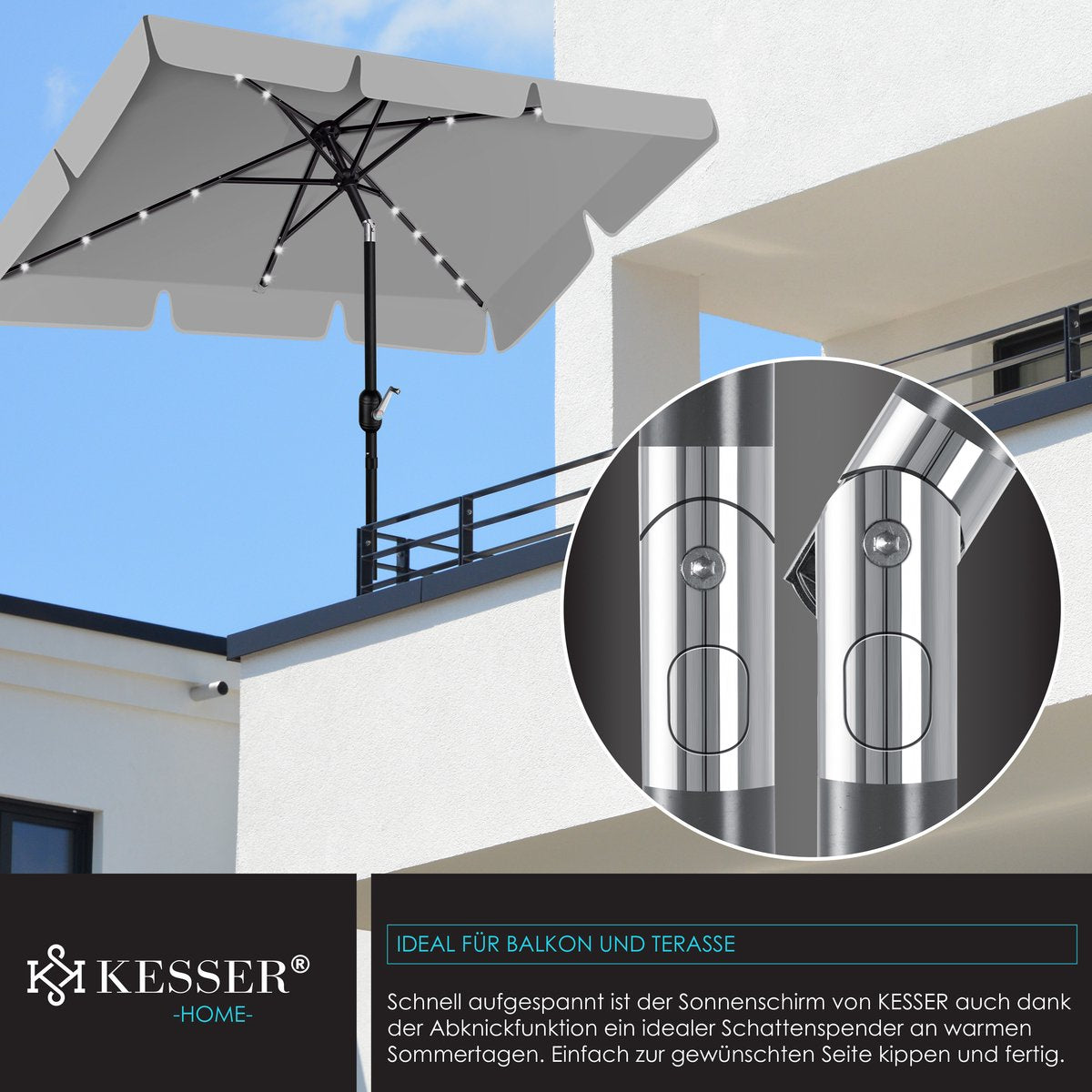 KESSER® Parasol LED Solar Stokparasol met Zwengel Incl. 2in1 Beschermhoes Transporttas, Tuinparasol, Parasol voor Balkon Tuin & Terras Verstelbaar Buigbaar Balkonparasol - Hoekig, Lichtgrijs
