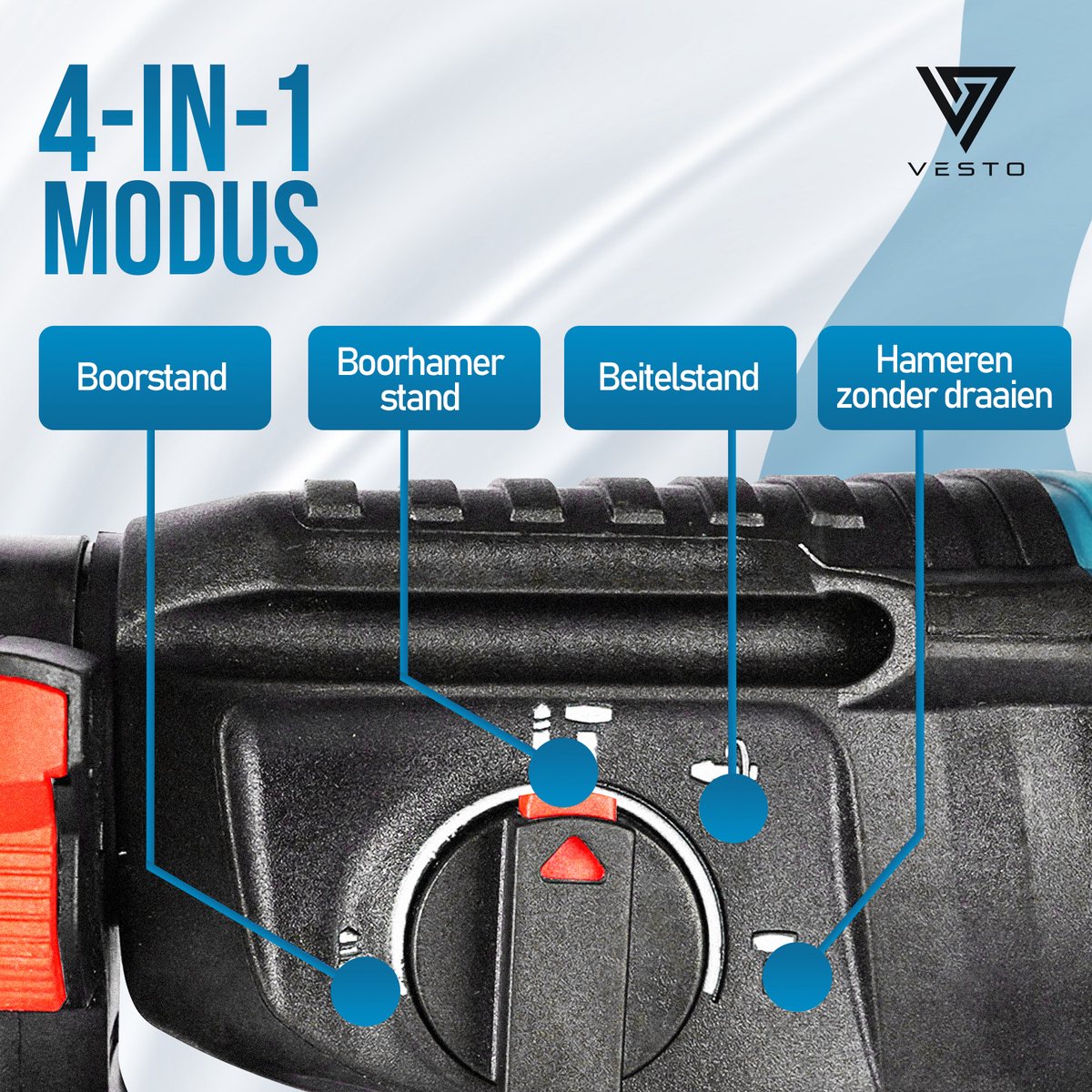 Vesto® Elektrische Boorhamer - Draadloze Klopboormachine - Hamerboor met Beitelfunctie - Accu Combihamer - Betonboor - Inclusief Borenset, 2x Accu & Oplader