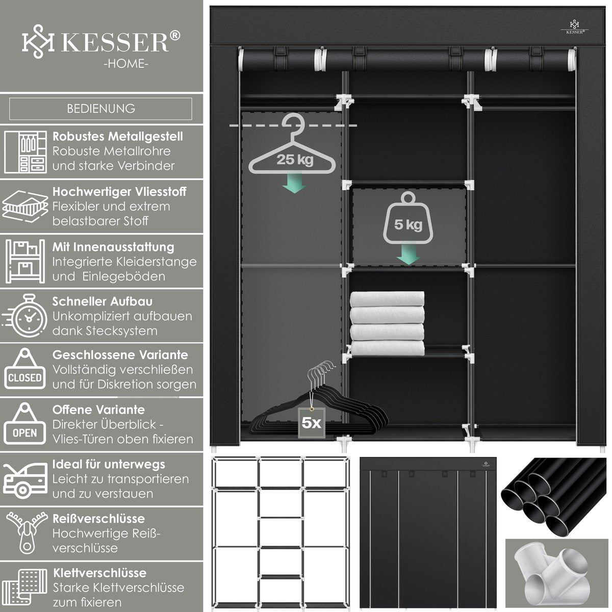 KESSER® Kledingkast - Opvouwbaar - 150x45x175cm - Zwart