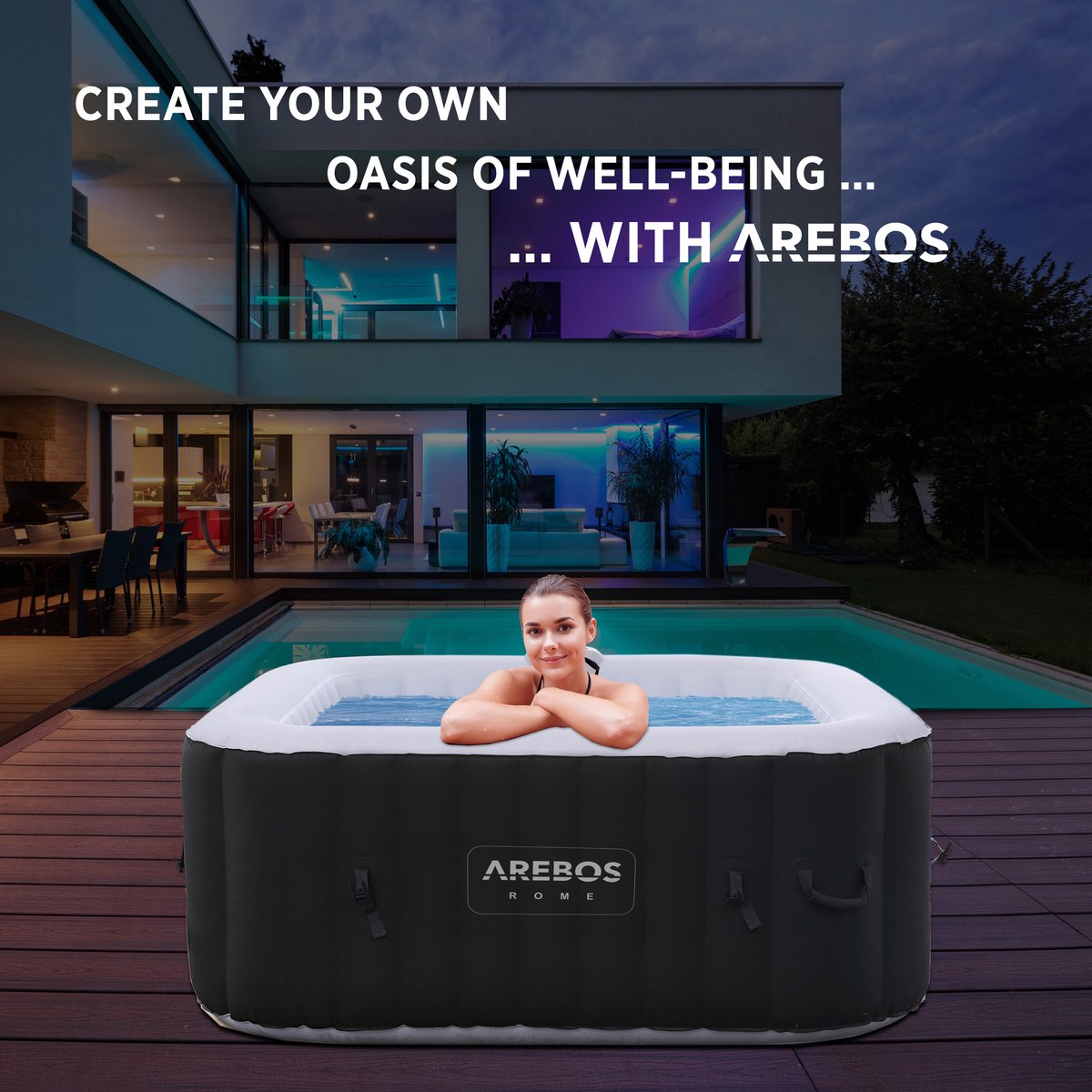 Arebos Opblaasbare Hottub | Binnen- en buitenspabad 2400W | 4 personen | 154x154cm | 100 massagestralen | Met verwarming | 600 liter | Inclusief afdekking | Bubble Spa & Wellness Massage | Antraciet