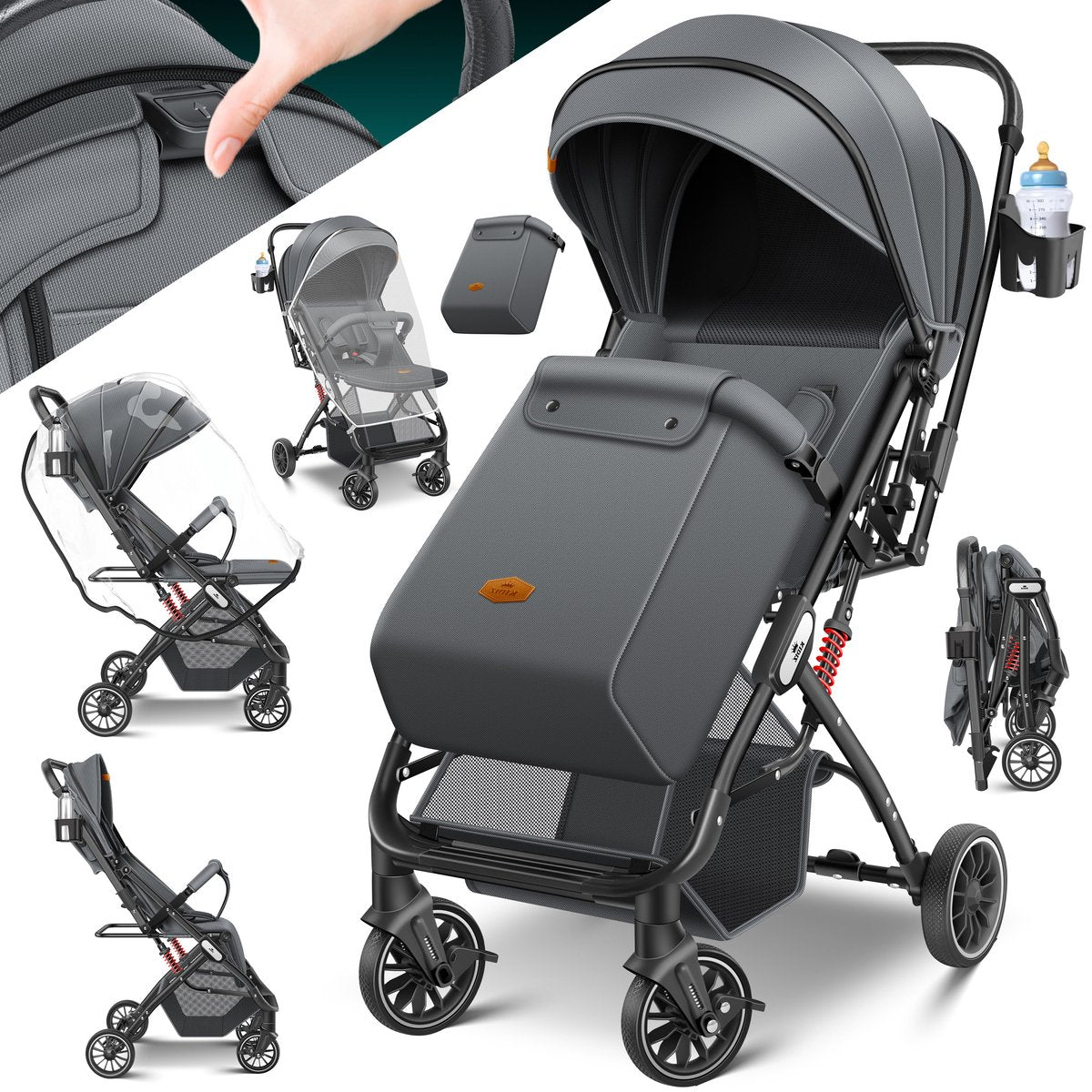 KIDIZ® Buggy 3 in 1 Kinderwagen Inklapbaar met voetenzak Baby Plooibuggy Wandelwagen inclusief Bekerhouder, regenhoes & klamboe Reisbuggy - Antraciet / Zwart