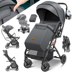 KIDIZ® Buggy 3 in 1 Kinderwagen Inklapbaar met voetenzak Baby Plooibuggy Wandelwagen inclusief Bekerhouder, regenhoes & klamboe Reisbuggy - Antraciet / Zwart