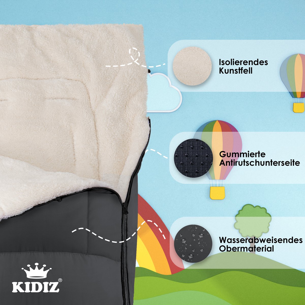 KIDIZ® Voetenzak voor Autostoeltje en Buggy met Ritssluiting - Baby Slaapzak Deken voor Maxi-Cosi & Wandelwagen / Kinderwagen - Antraciet •
