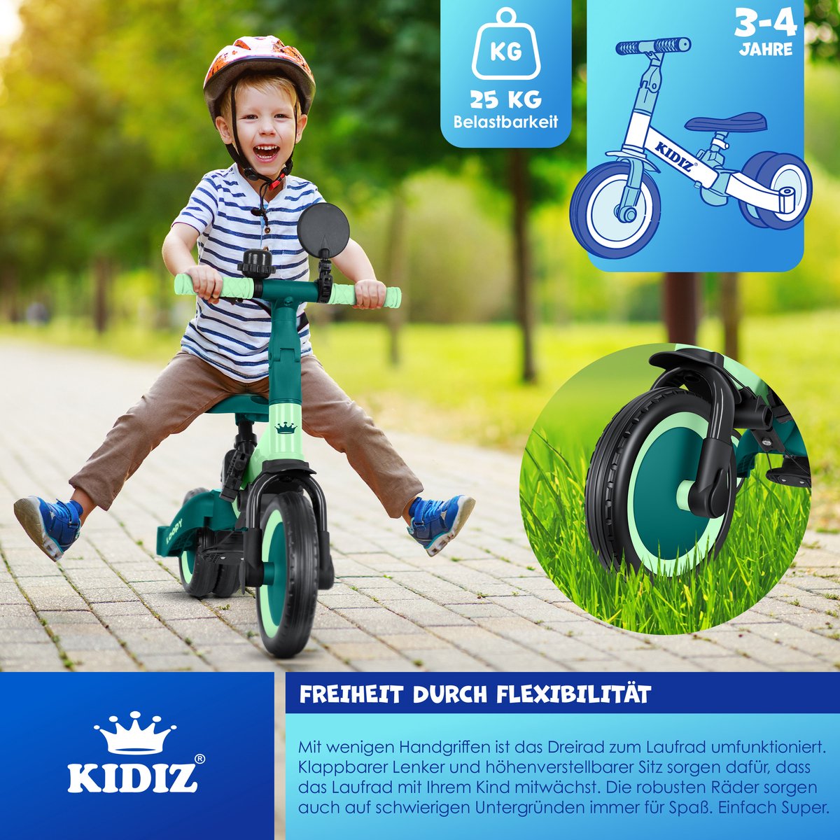 KIDIZ® Loopfiets 6in1 voor Jongens en Meisjes van 1 tot 5 jaar - Driewieler voor Kinderen tot 25 kg Kinderfiets - Groen