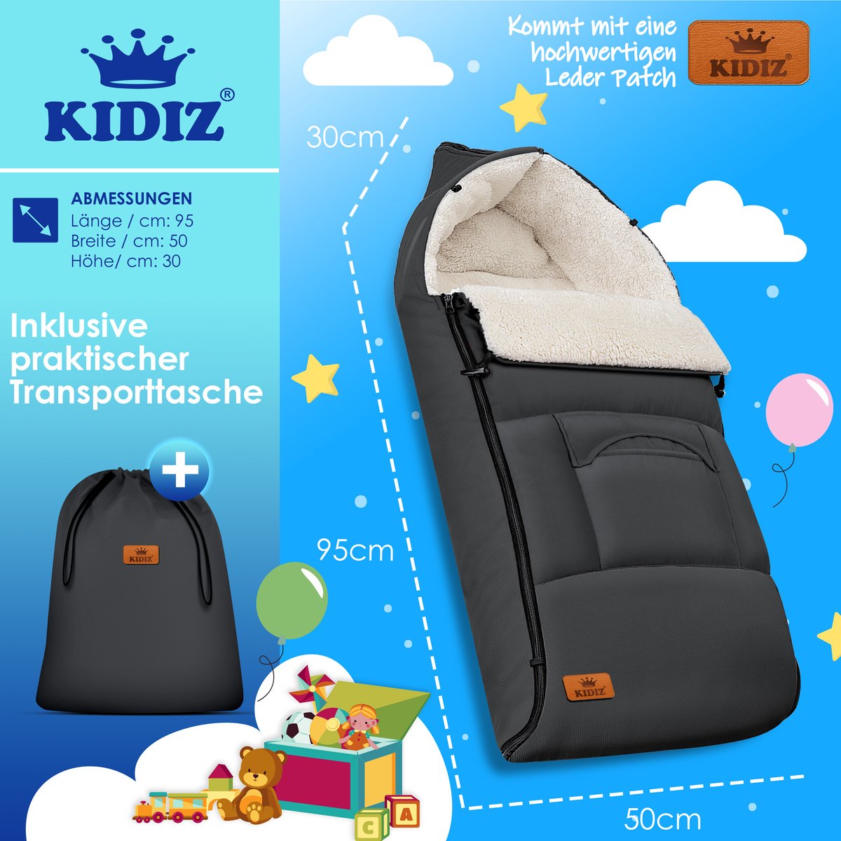 KIDIZ® Voetenzak voor Autostoeltje en Buggy met Ritssluiting - Baby Slaapzak Deken voor Maxi-Cosi & Wandelwagen / Kinderwagen - Antraciet •