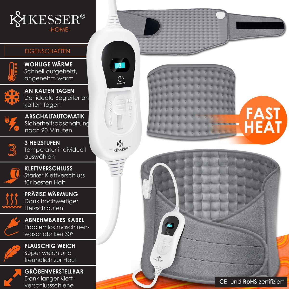 KESSER® Warmtekussen - elektrische verwarmingskussen voor buik en rug Incl. tas - warmteband met 3 temperatuurinstellingen & automatische uitschakeling - Verwarmingsband met verstelbare band en klittenbandsluiting - Grijs