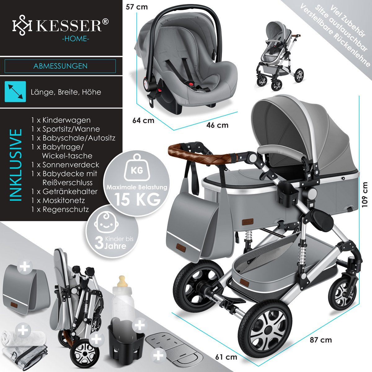 Kinderwagen 3 in 1 - Buggy - Wandelwagen - Kinderbuggy - Grijs - KESSER® •
