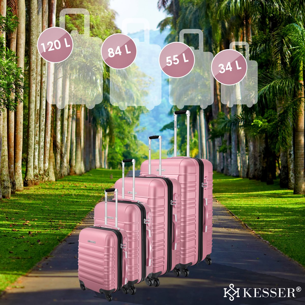 KESSER® 4x Koffer, reiskofferset, trolley koffer, incl. bagageweegschaal + bagagelabel rollend kofferslot, 4 wielen ABS, harde schaal telescoopgreep S-M-L-XL - Roze