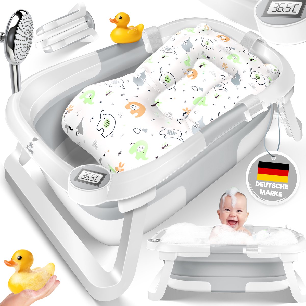 KIDIZ® Babybadje Opvouwbaar met Thermometer - 0-12 Maanden - Lichtgrijs