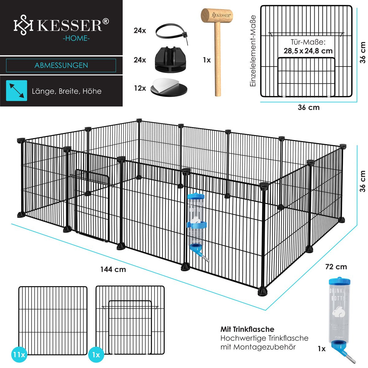 KESSER® Konijnenren - Konijnenhok - 36x144x72 cm - Zwart