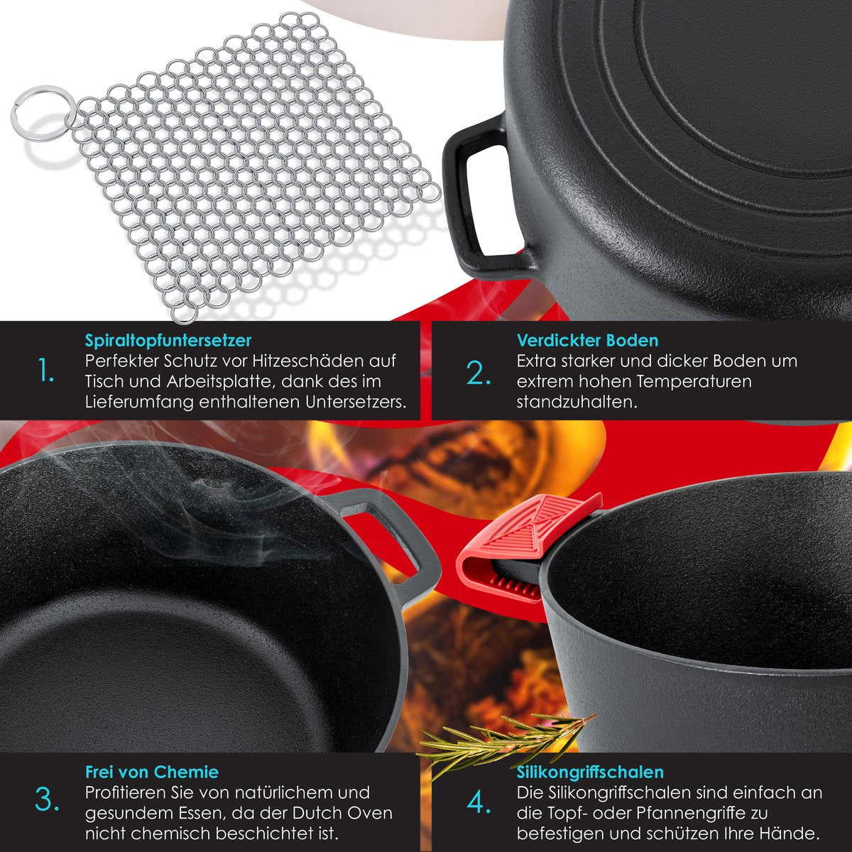 KESSER® Dutch Oven Gietijzeren Pan 1,8L en Pot 4,8L - Zwart